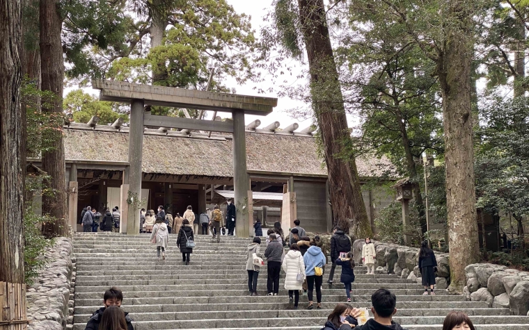 Tourists gathered on steps at the Ise Jingu in Mie prefecture, Japan