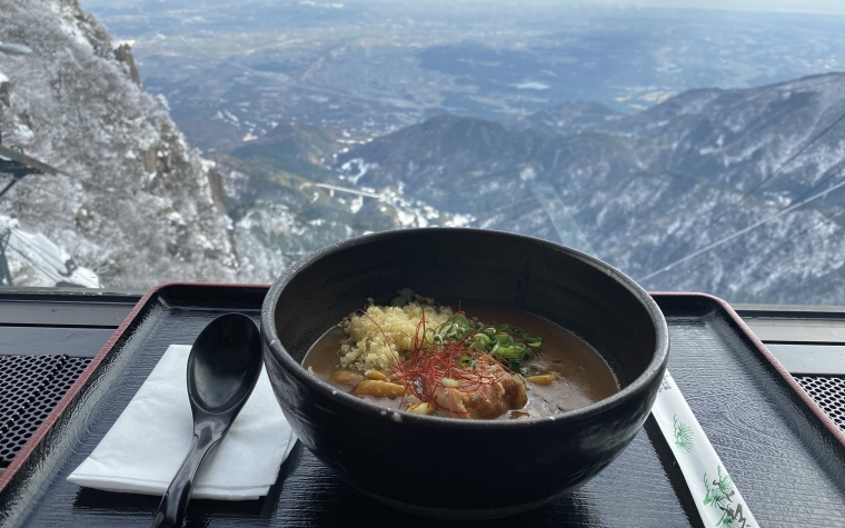 A bowl of curry udon at the visitor's center near Gozaisho ropeway in Mie prefecture, Japan